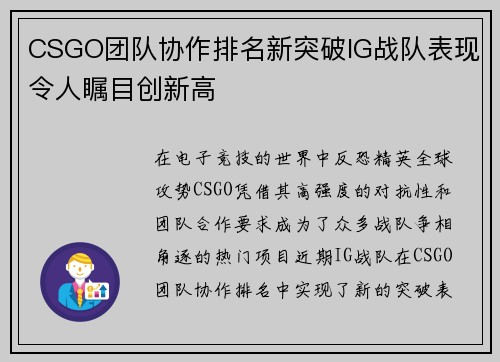 CSGO团队协作排名新突破IG战队表现令人瞩目创新高