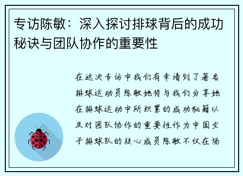 专访陈敏：深入探讨排球背后的成功秘诀与团队协作的重要性